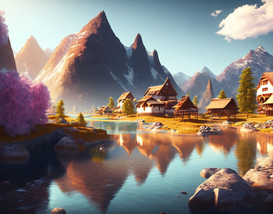 Tranquil Alpine Houses by Reflective Lake and Majestic Mountains