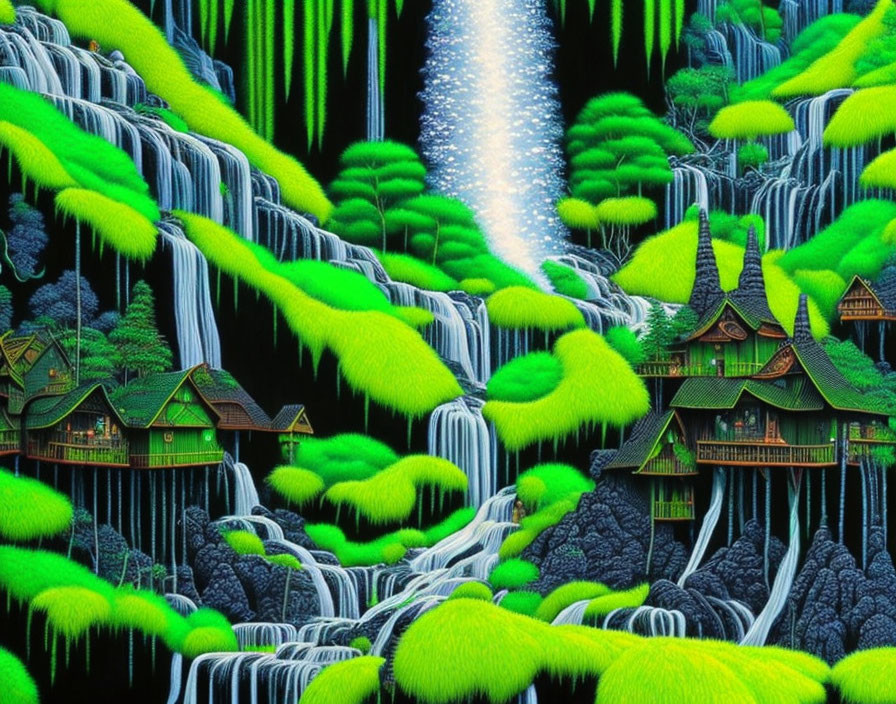 Fantastical landscape with lush greenery and waterfalls