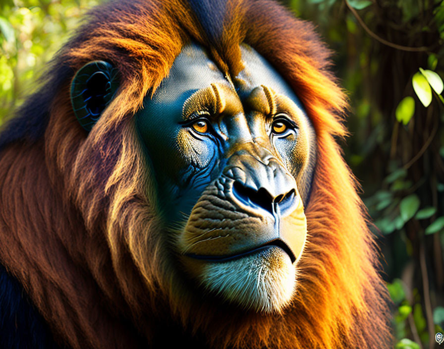 Colorful Lion with Human-Like Face in Natural Setting