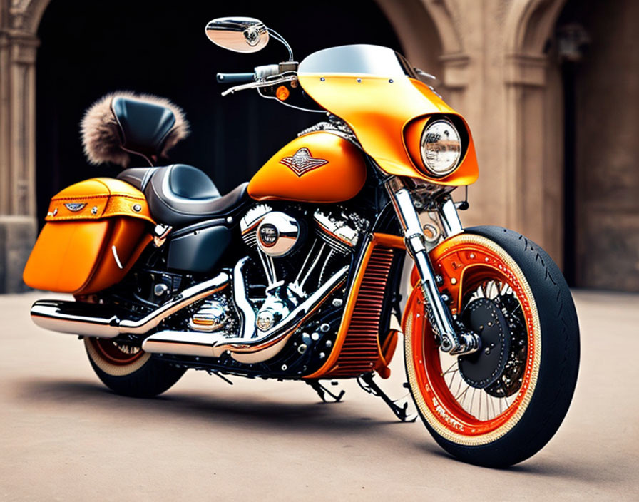 Shiny Orange and Black Motorcycle with Leather Saddlebags and Chrome Details