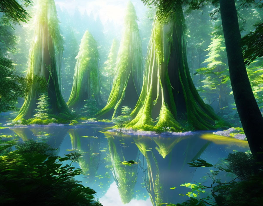 Tranquil forest pond with moss-covered trees under soft sunlight