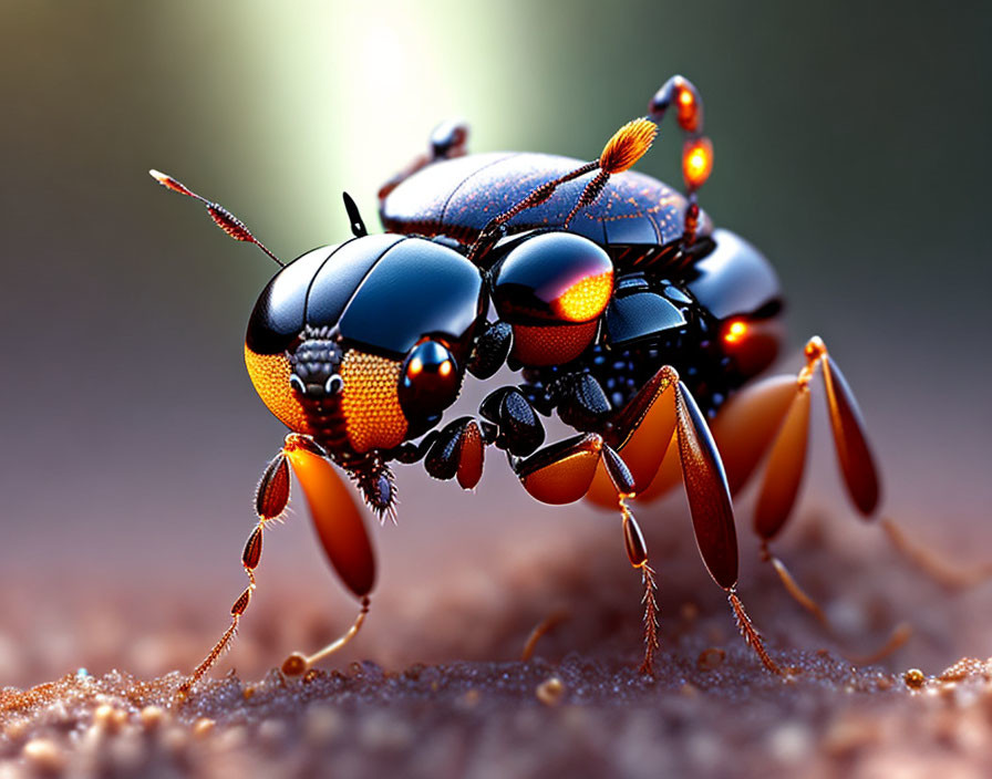 Metallic beetles in upright position on granular surface