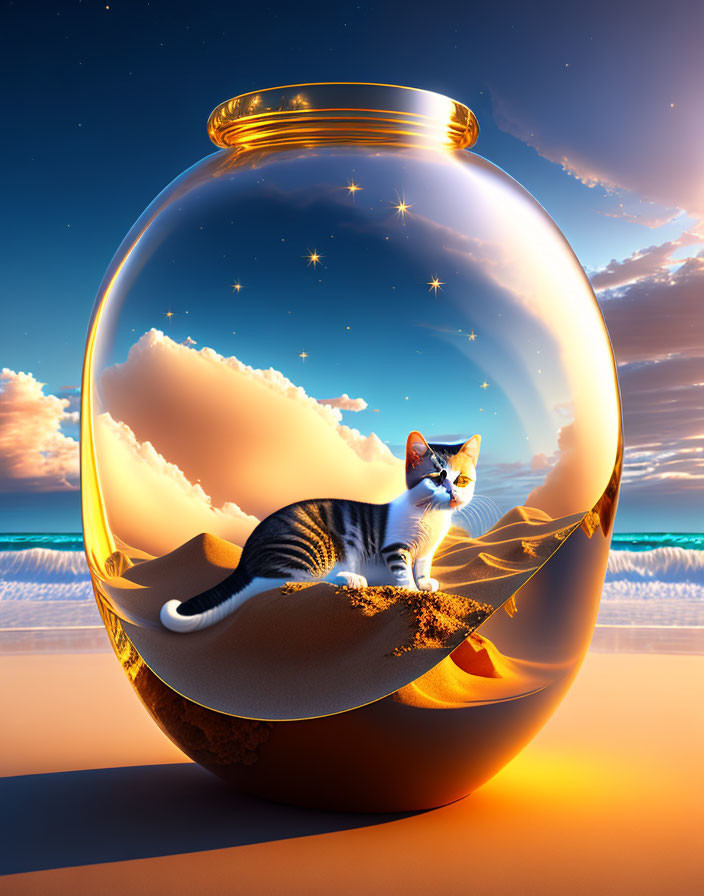 Cat in transparent bowl with starry night theme on sandy surface by sunset ocean