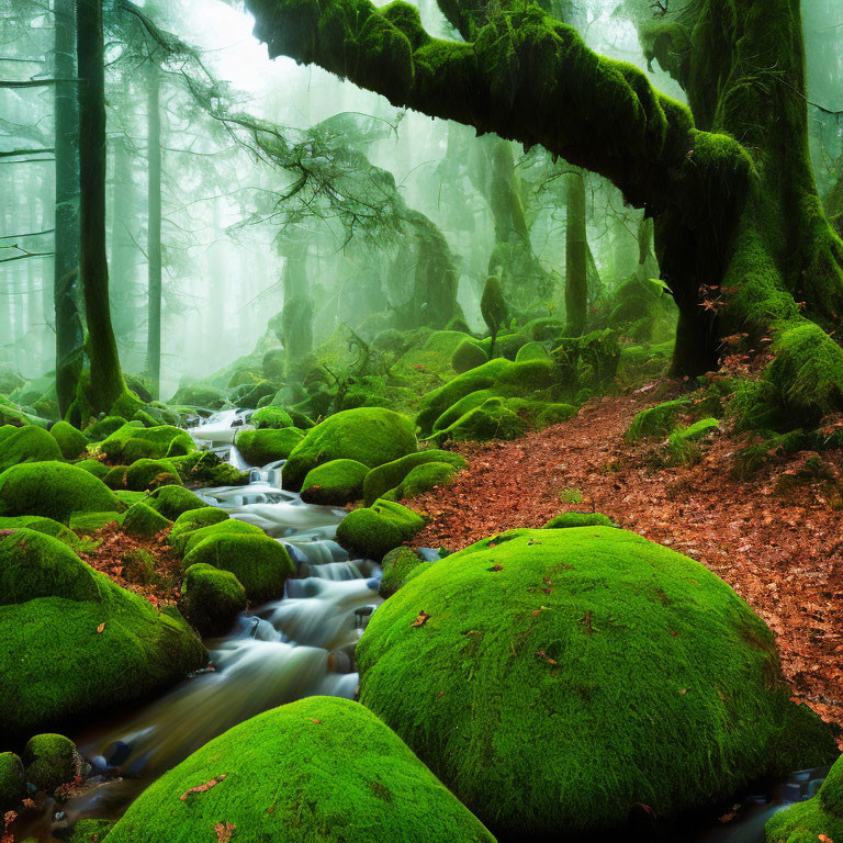 Tranquil misty forest stream with moss-covered rocks and lush greenery