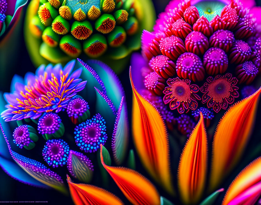 Fantastical flowers in vibrant digital art with neon-like colors