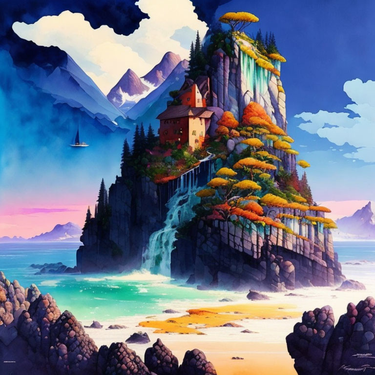 Colorful Cliffside Landscape with Waterfall, House, Trees, Mountains, and Sea