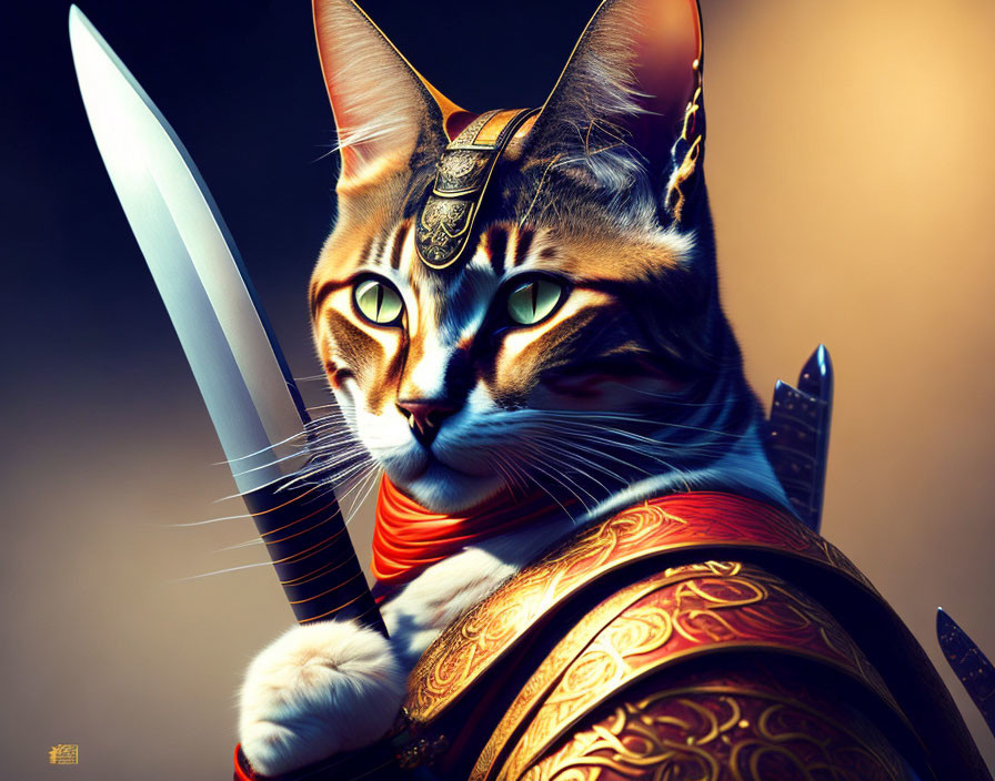 Digital art: Cat in medieval armor with sword & green eyes