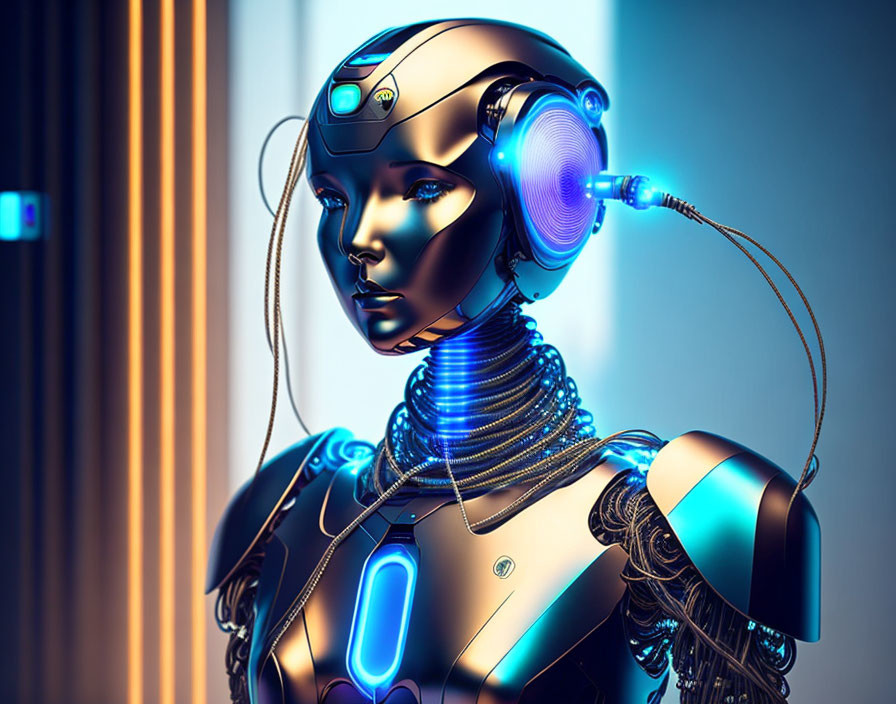 Detailed humanoid robot with glowing blue elements and visible cables under warm light