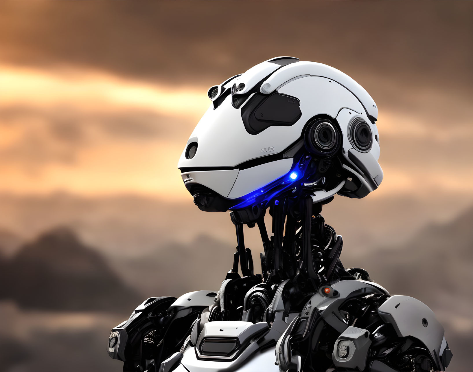 Detailed Robotic Figure with White Helmet and Blue Glowing Neck Against Dramatic Dusk Sky