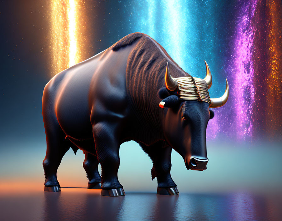 Muscular bull with shiny horns in cosmic background