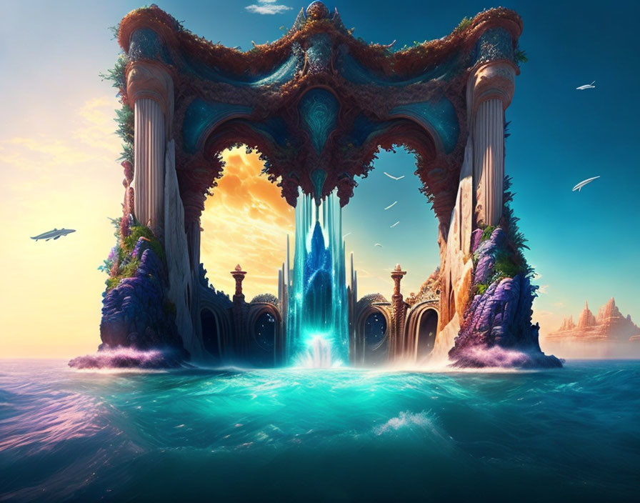 Fantasy archway over ocean with glowing portal and birds in serene sunset-lit sky