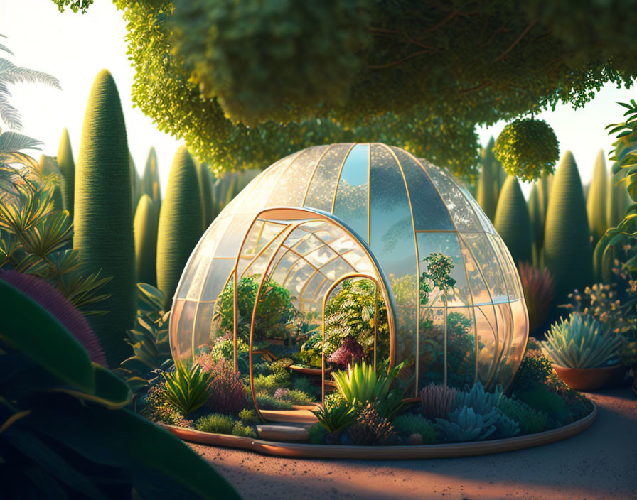 Tranquil garden scene with dome-shaped greenhouse and lush greenery