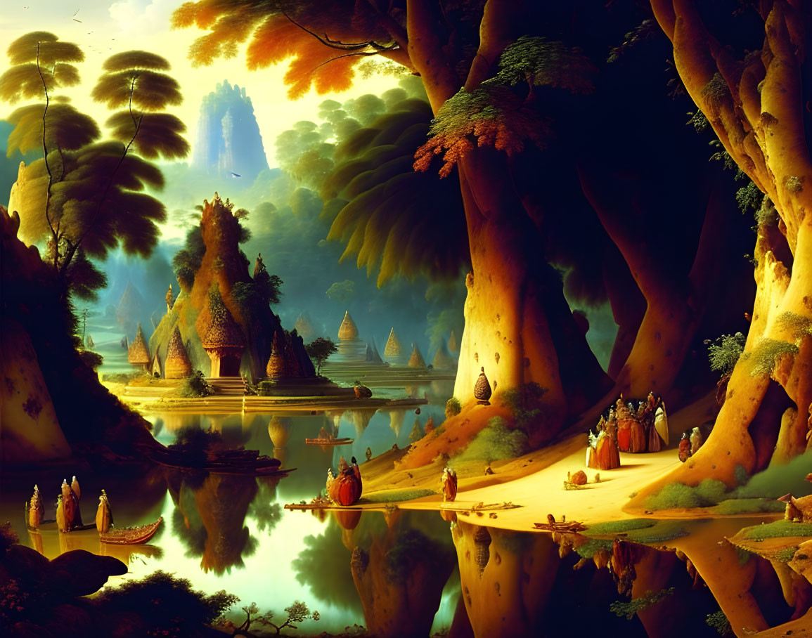 Mystical forest scene with towering trees, serene river, boats, and small figures in golden light