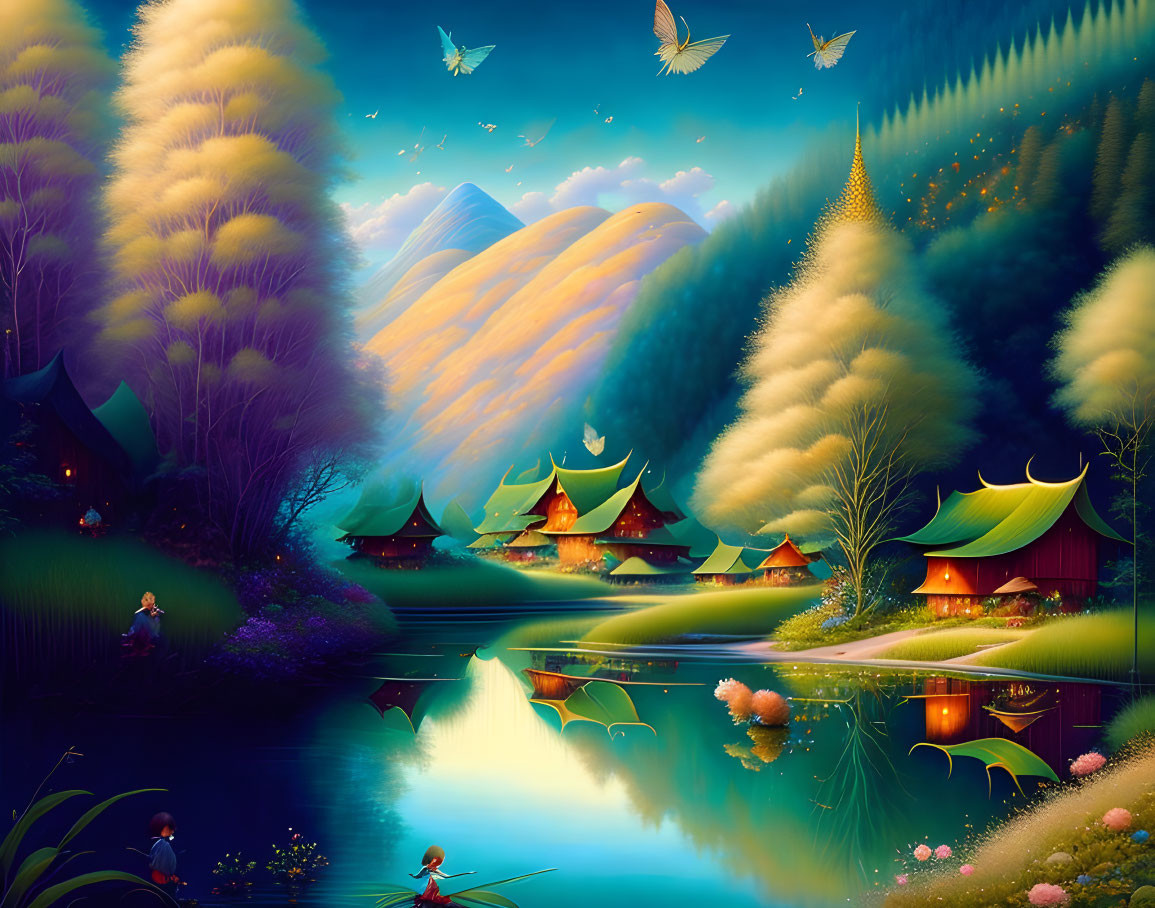 Fantasy landscape with tents, lake, fishermen, butterflies, and rolling hills at twilight