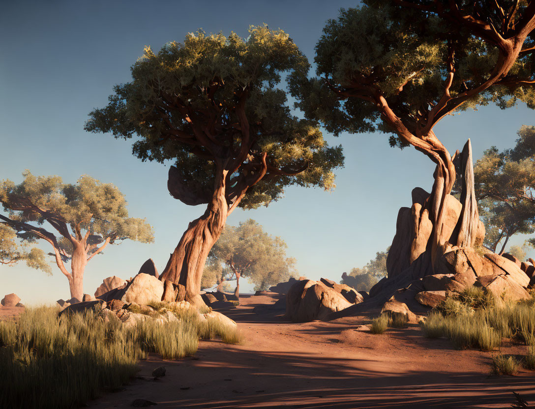 Tranquil dirt path through sunlit savannah with majestic trees and rugged rocks