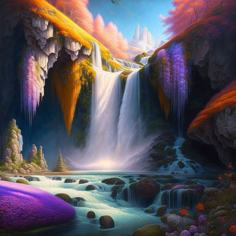 Majestic waterfall in vibrant fantasy landscape