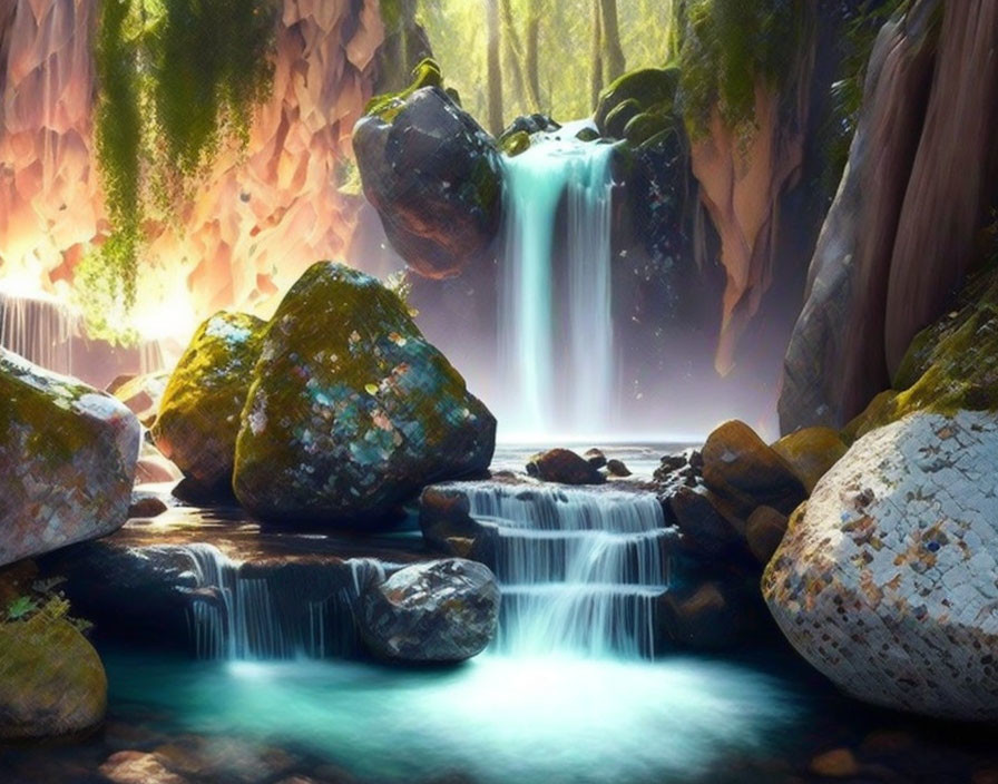 Tranquil forest scene with sunlight, mossy rocks, and waterfalls