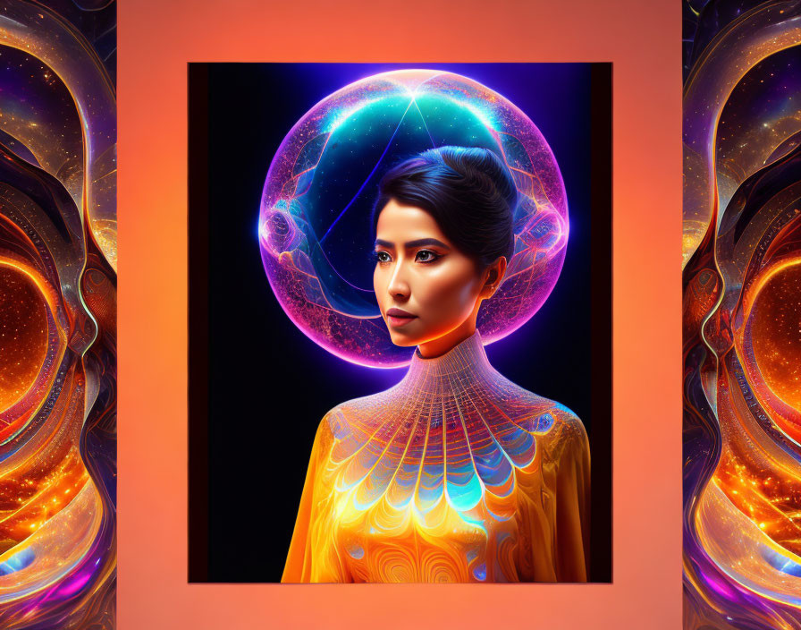 Colorful digital art portrait of a woman in cosmic patterns and neon colors