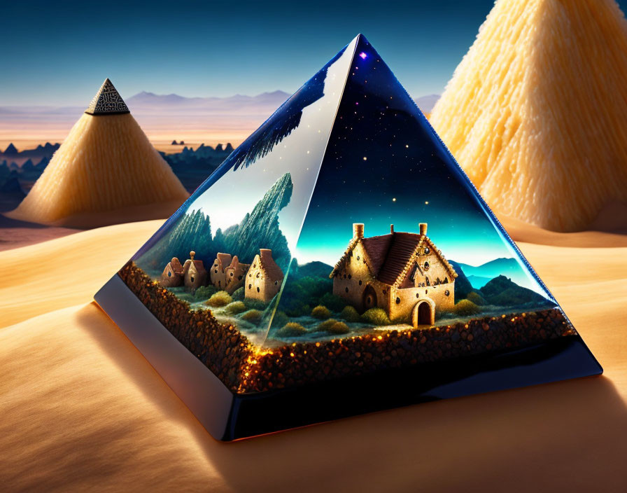 Surreal glass pyramid with night village scene on desert backdrop