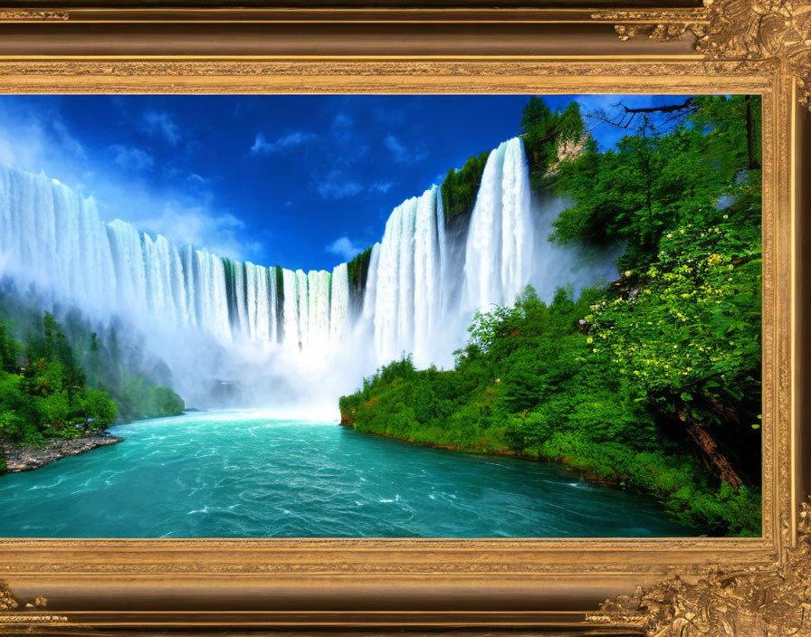 Majestic waterfall with vibrant blue waters and lush greenery