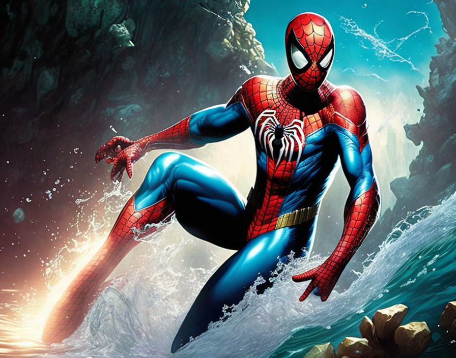 Dynamic Spider-Man in Red and Blue Costume Underwater with Light Filtering