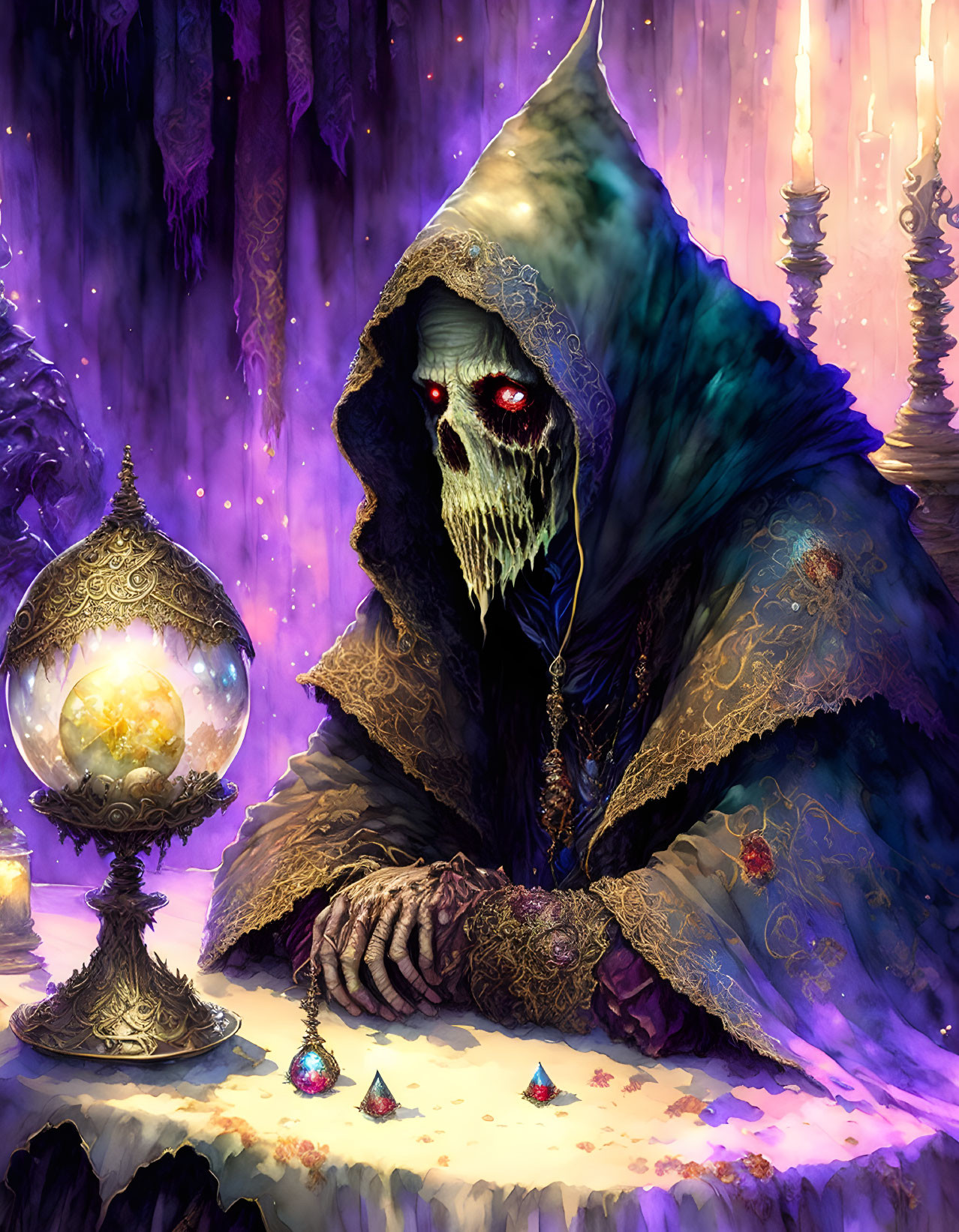 Mysterious robed figure with skull-like face and crystal ball in mystical purple setting