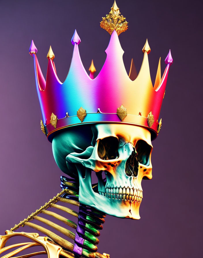 Vibrant human skull with jeweled crown on purple background