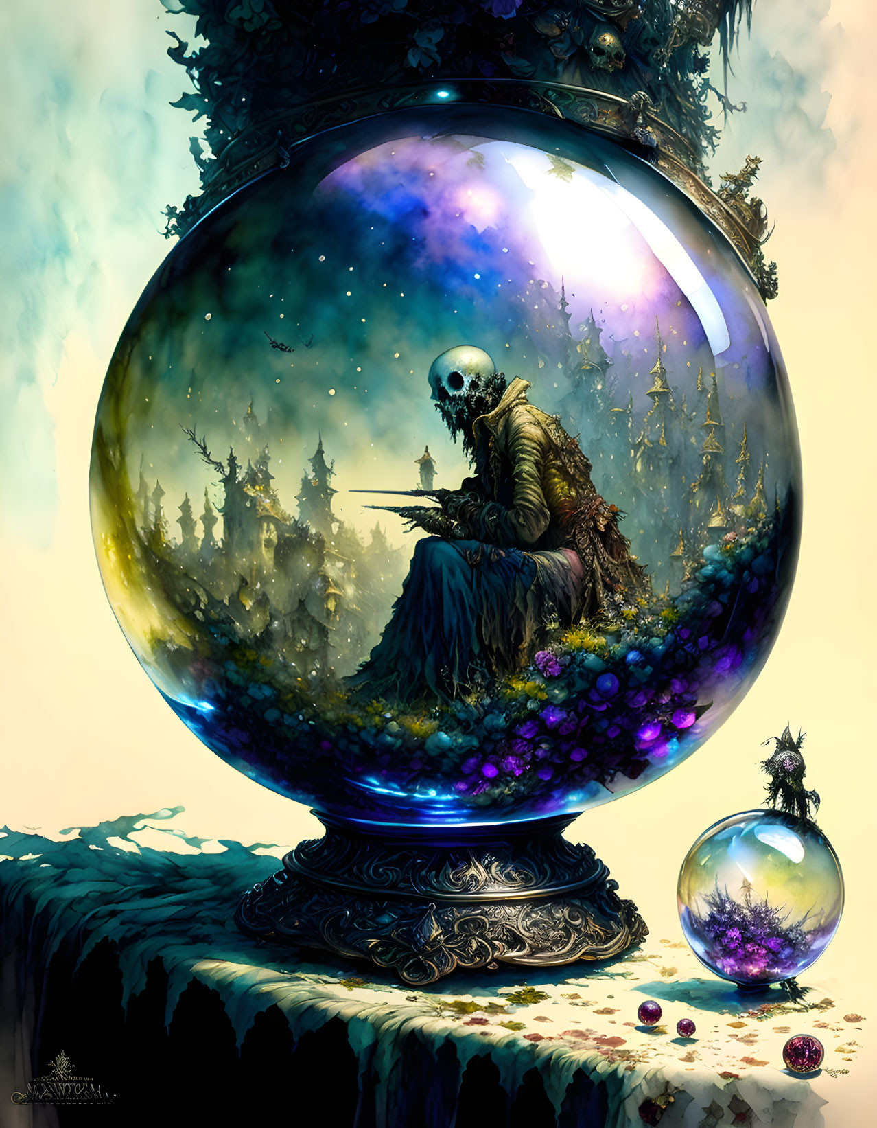 Surreal artwork of skeleton in glass orb on grassy mound