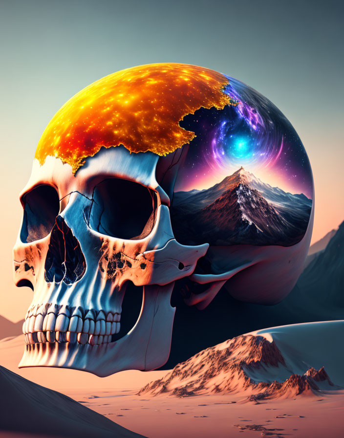 Surreal human skull with fiery lava and cosmic galaxy over mountains