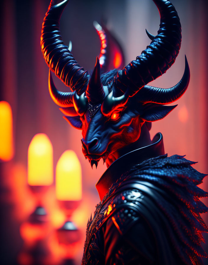 Sinister horned demon figure in black armor with fiery backdrop