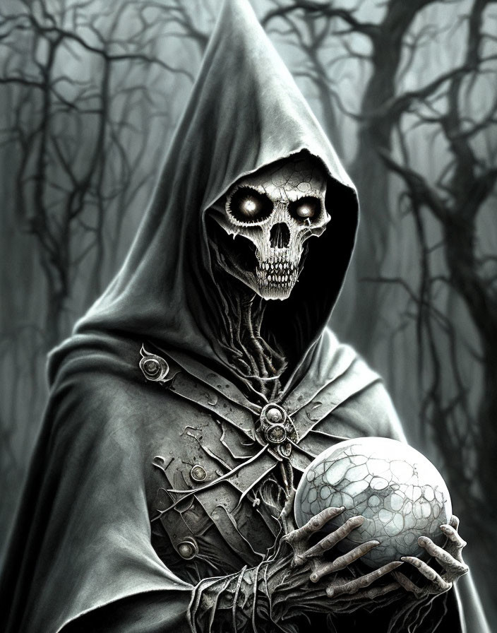 Skull-faced figure with orb in gloomy forest