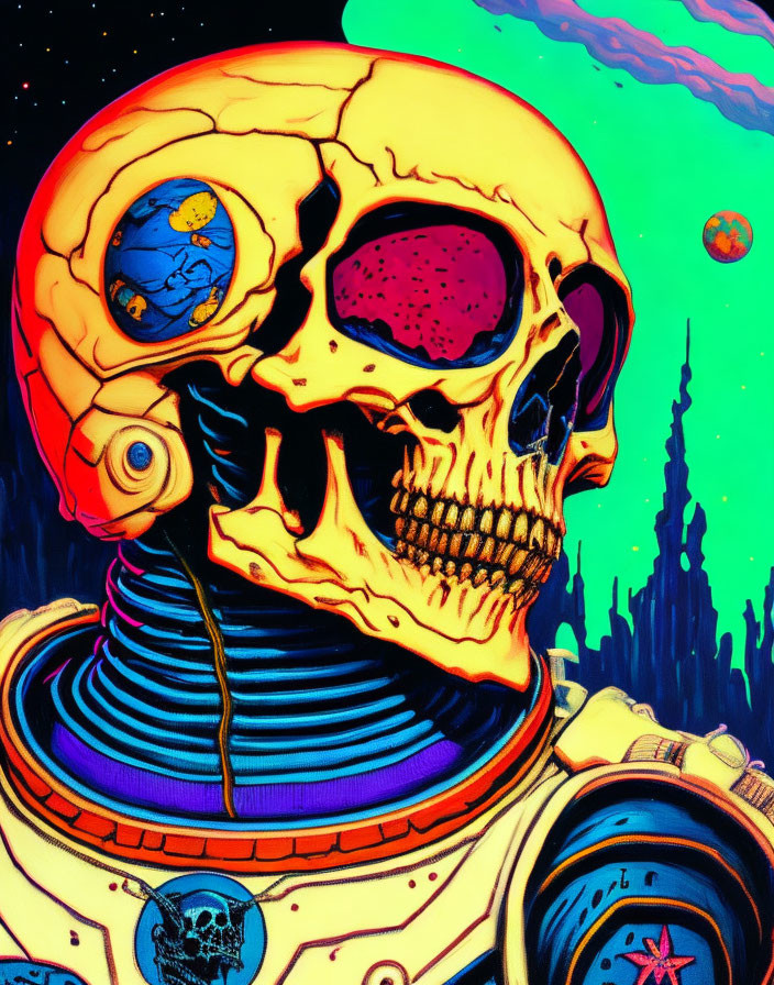 Colorful Robotic Skeleton with Human Skull in Cosmic Setting