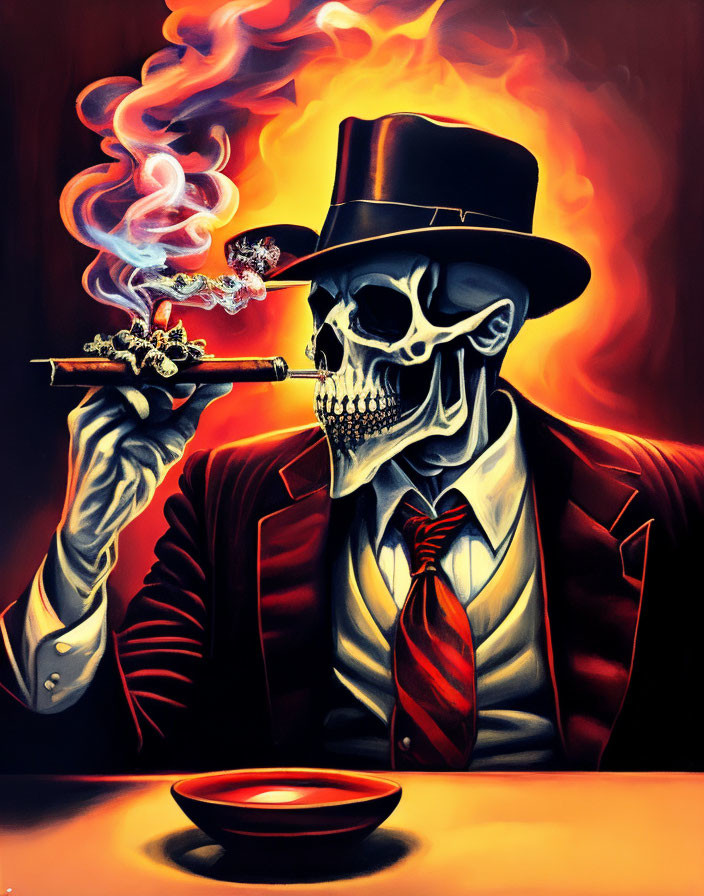 Skeleton in Hat and Suit Smoking Cigar with Skull Smoke on Fiery Background