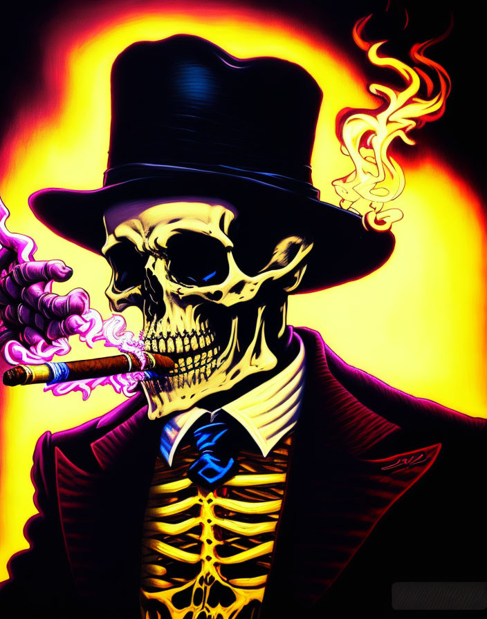 Skeleton in Top Hat and Suit Smoking Cigar on Fiery Background