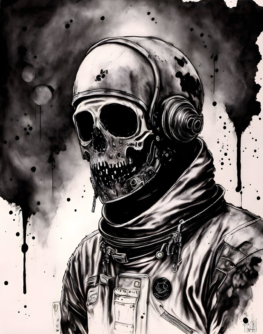 Monochrome skeleton in astronaut suit with eerie background