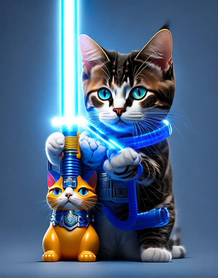 Futuristic warrior cats with blue sword and yellow helmet