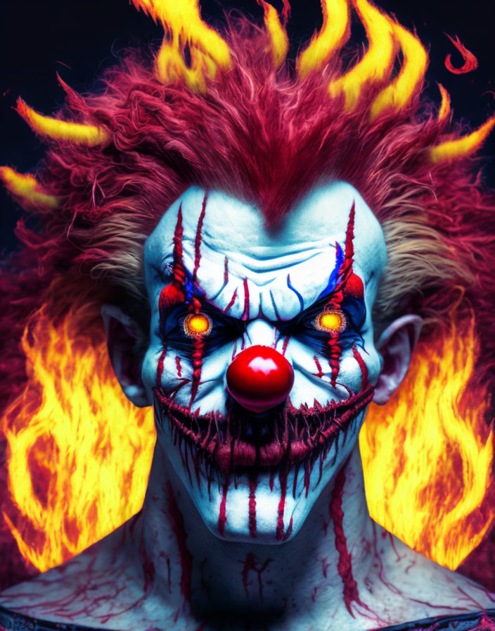 Sinister clown with white and red face paint, fiery background