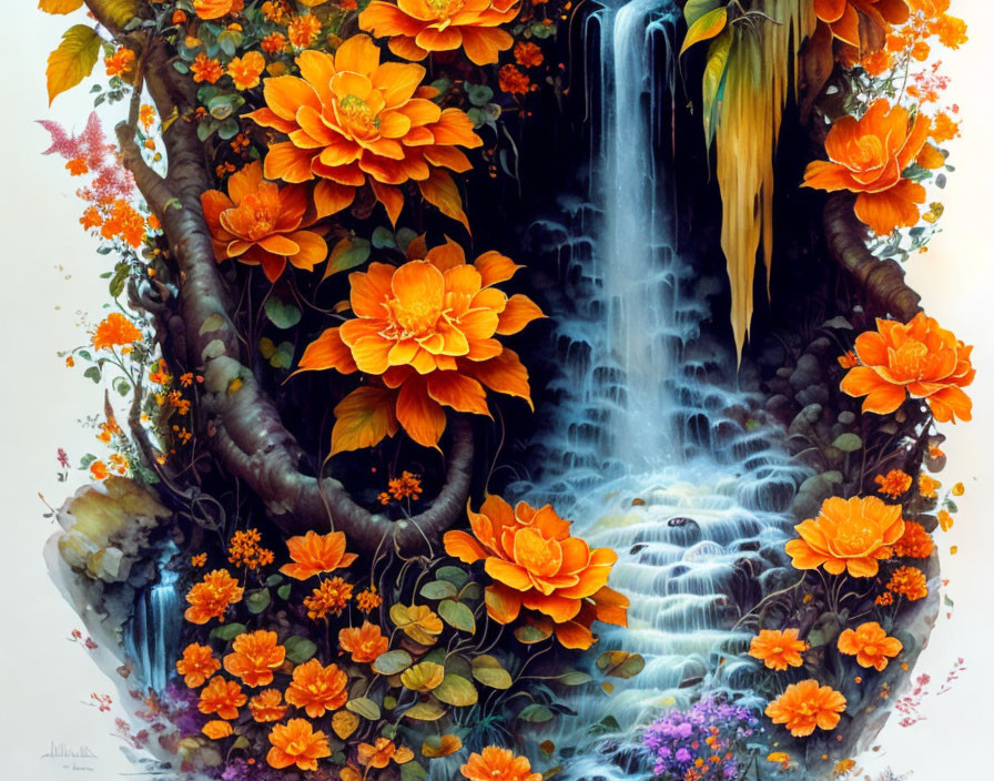 Serene waterfall with vibrant orange flowers and lush green foliage