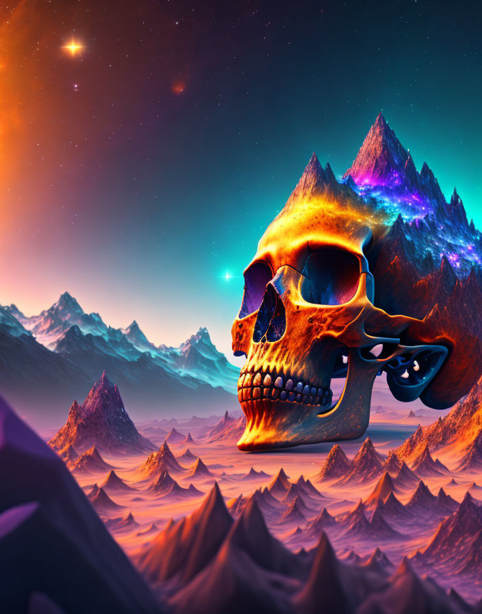 Surreal landscape with giant fiery skull, starlit sky, and nebula