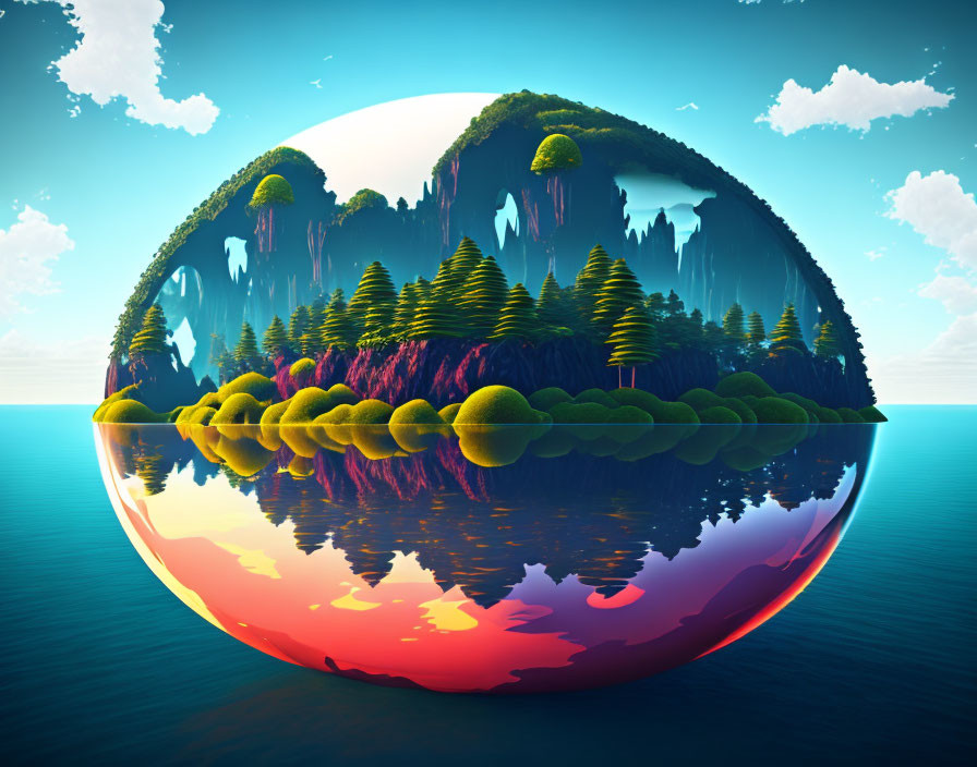 Surreal spherical landscape with lush greenery, waterfalls, trees, and reflective water under vibrant