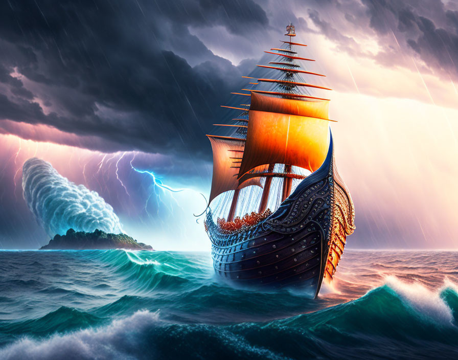 Ancient ship with red sails in stormy seas near rocky island lightning streaks in dark sky