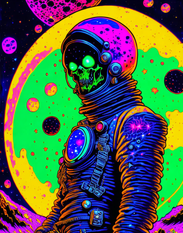 Colorful Psychedelic Skeleton Astronaut in Cosmic Space