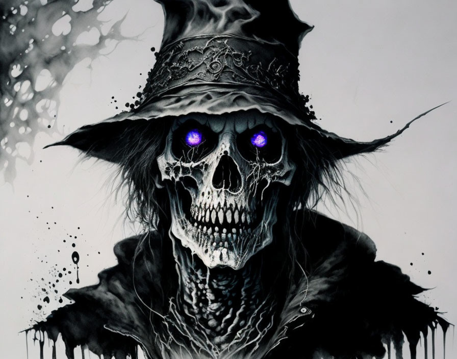 Monochrome skeletal figure with glowing purple eyes and tattered hat.