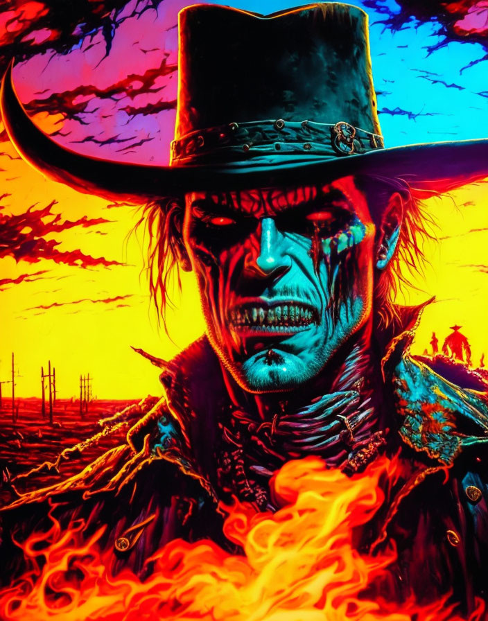 Sinister undead cowboy in flames against red sky