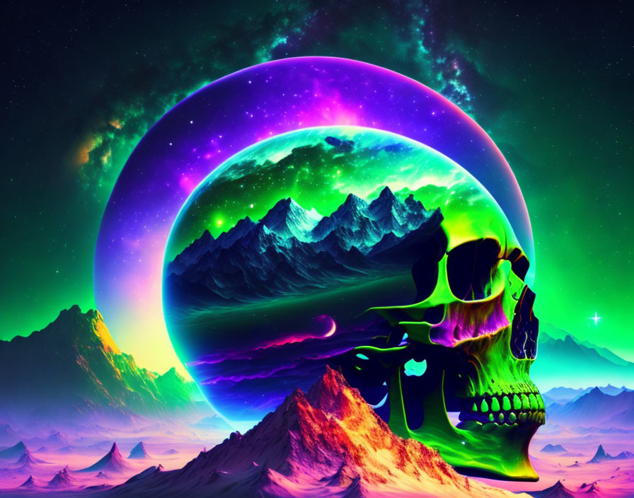 Colorful cosmic artwork: human skull, neon galaxy orb, alien mountains, starry sky