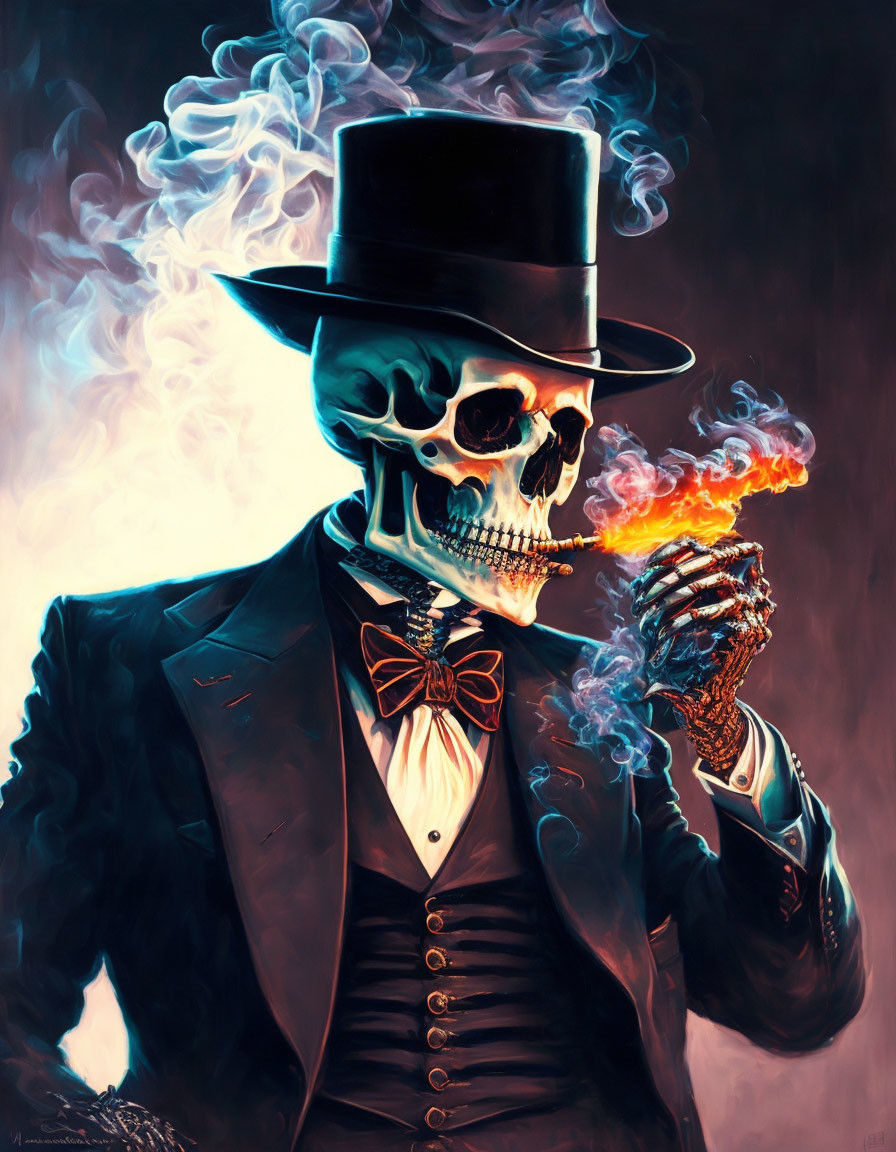 Skeleton in Top Hat and Suit Holding Flame with Eerie Aura