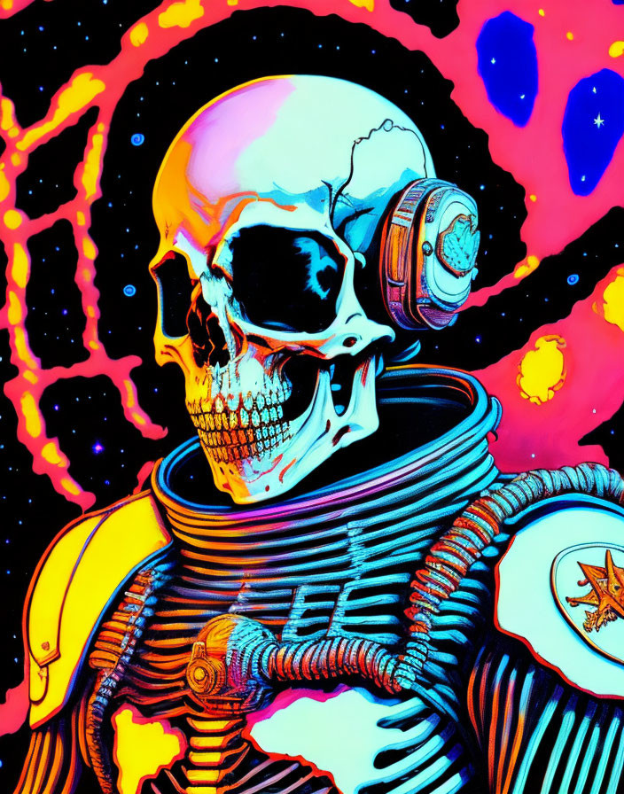 Colorful Skull in Vintage Astronaut Helmet Amid Psychedelic Space