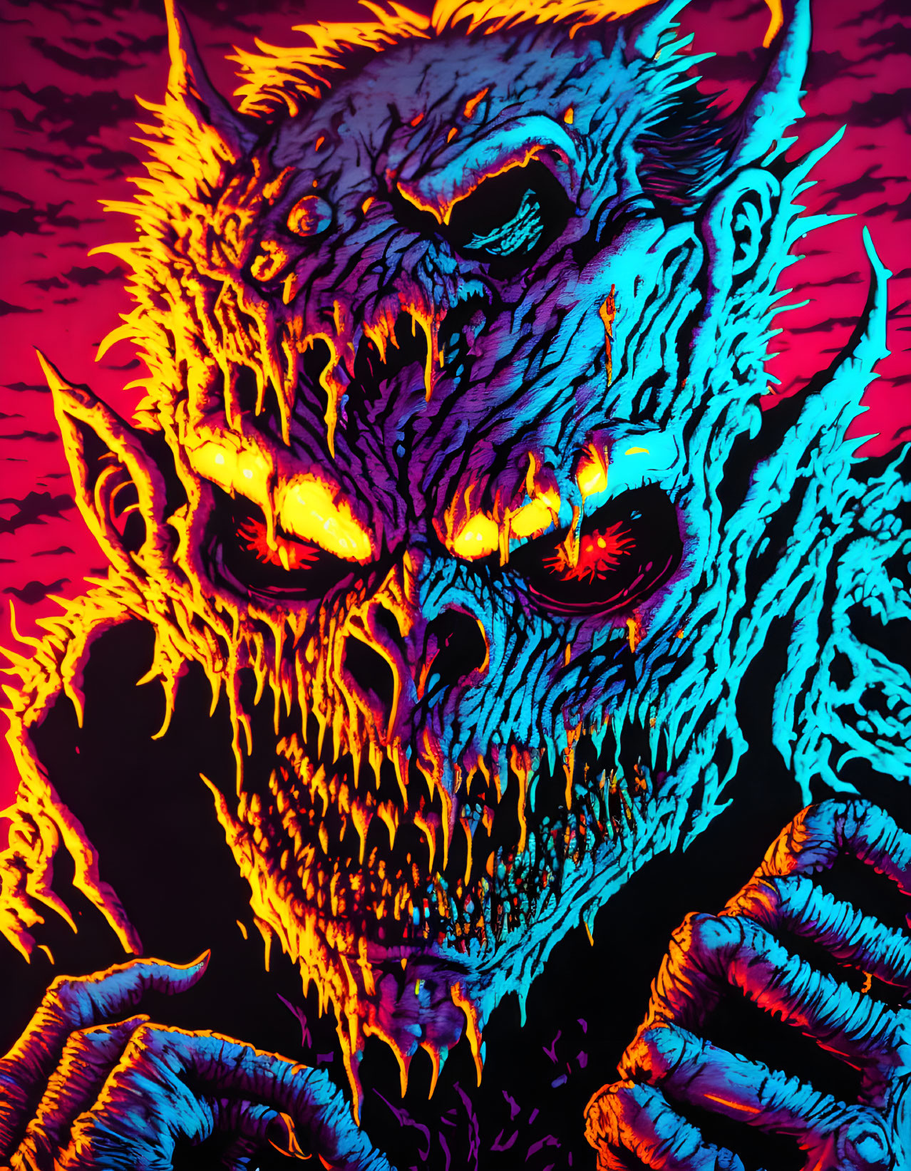 Colorful Monster Illustration with Yellow Eyes and Sharp Teeth