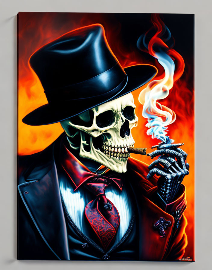 Skeletal Figure in Suit and Top Hat with Smoking Cigar on Fiery Background