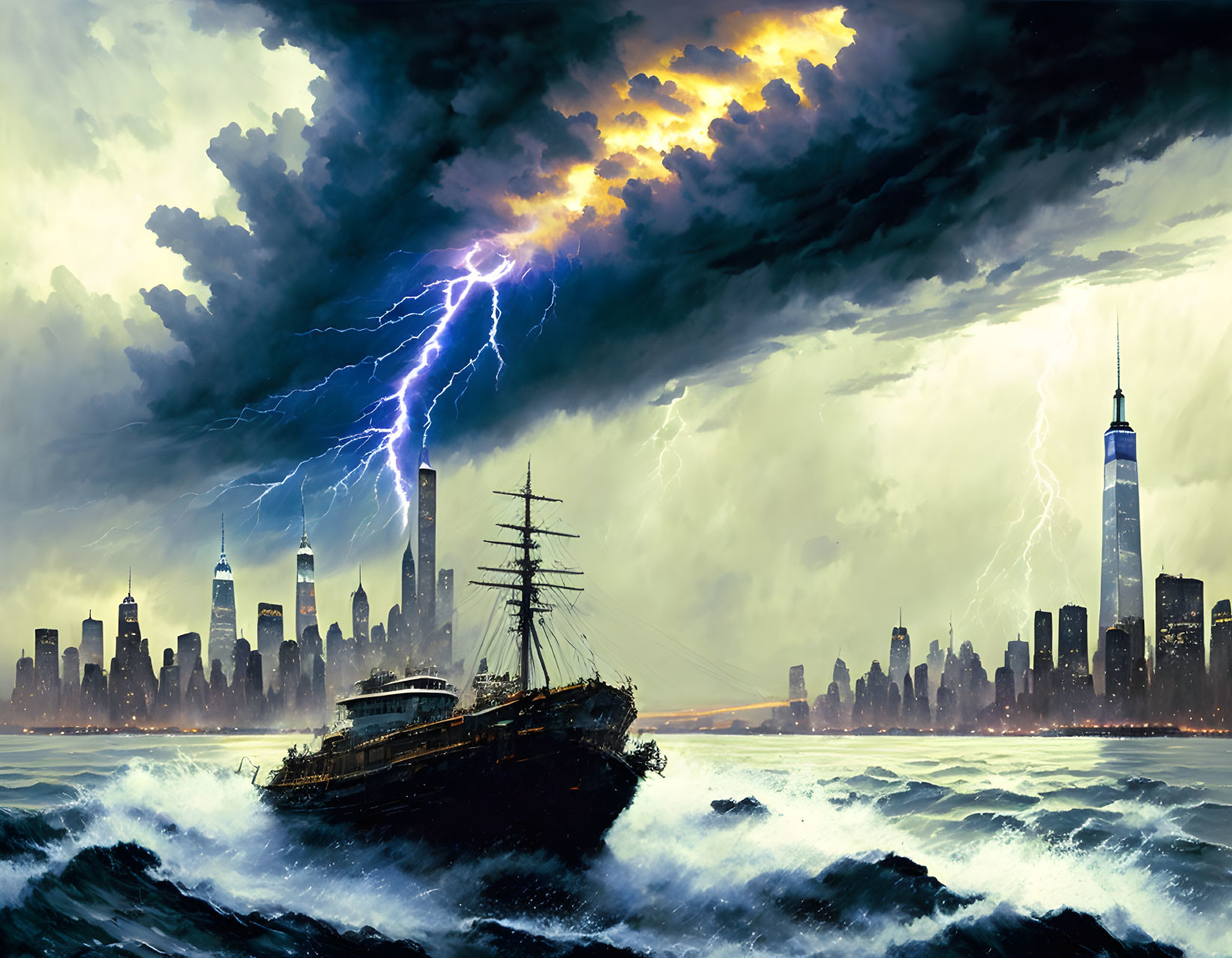 Tall ship at sea with lightning storm over city skyline